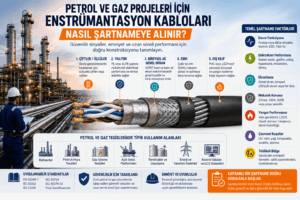 Petrol ve gaz projelerinde enstrümantasyon kablosu şartnamesi hazırlanırken çift veya üçlü yapı, yalıtım, ekranlama, zırh, dış kılıf, elektriksel performans, yangın gereksinimleri ve tehlikeli bölge kriterlerini gösteren infografik.