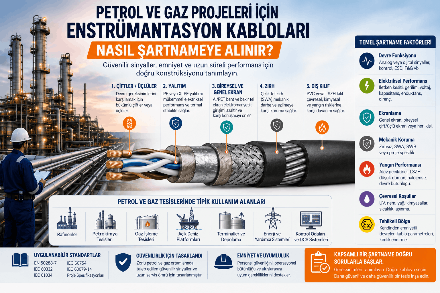 Petrol ve gaz projelerinde enstrümantasyon kablosu şartnamesi hazırlanırken çift veya üçlü yapı, yalıtım, ekranlama, zırh, dış kılıf, elektriksel performans, yangın gereksinimleri ve tehlikeli bölge kriterlerini gösteren infografik.
