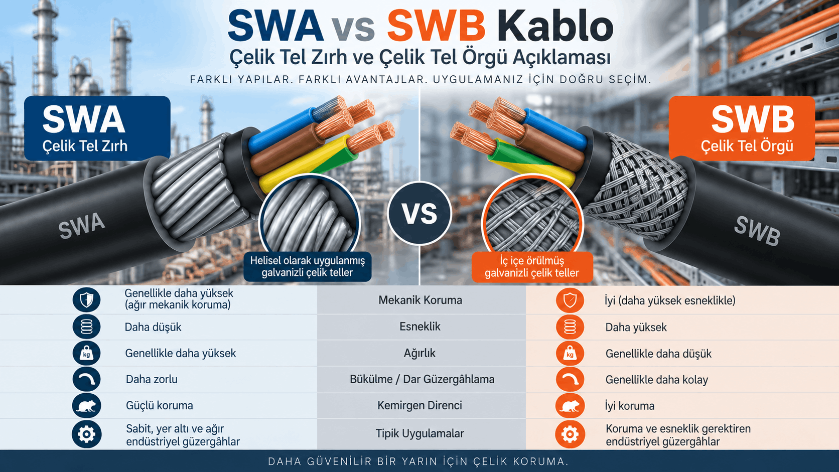 SWA ve SWB kablo farkı: çelik tel zırh ile çelik tel örgünün mekanik koruma, esneklik ve ağırlık karşılaştırması