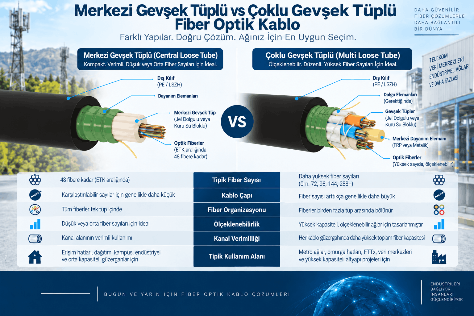 Tek tüplü ve çok tüplü fiber farkı: tüp düzeni, fiber sayısı, kablo çapı ve kullanım alanları karşılaştırması.