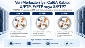 Veri merkezleri için Cat6A U/FTP, F/FTP ve S/FTP kablo yapılarını ekranlama, EMI koruması, yüksek yoğunluklu kablolama ve 10GBASE-T açısından karşılaştıran infografik.