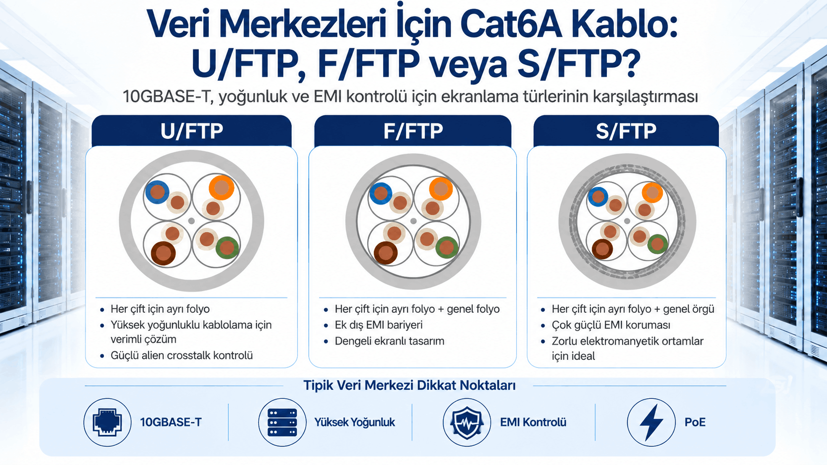 Veri merkezleri için Cat6A U/FTP, F/FTP ve S/FTP kablo yapılarını ekranlama, EMI koruması, yüksek yoğunluklu kablolama ve 10GBASE-T açısından karşılaştıran infografik.