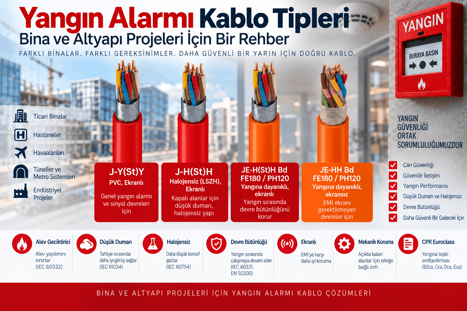 Yangın alarm kablosu seçimi için J-Y(St)Y, J-H(St)H, JE-H(St)H ve JE-HH kablolarının karşılaştırması.