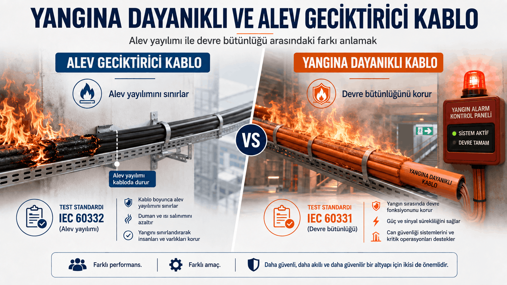 Yangına dayanıklı ve alev geciktirici kablo farklarını; IEC 60331 devre bütünlüğü, IEC 60332 alev yayılımı, kritik sistem sürekliliği ve yangın güvenliği açısından karşılaştıran infografik.