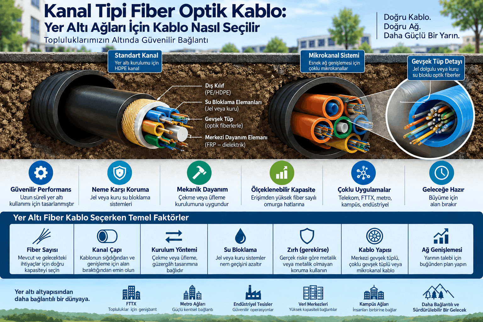 Yer altı fiber kablo seçimi için standart kanal, mikrokanal, gevşek tüp, su bloklama ve çekme veya üfleme yöntemleri.