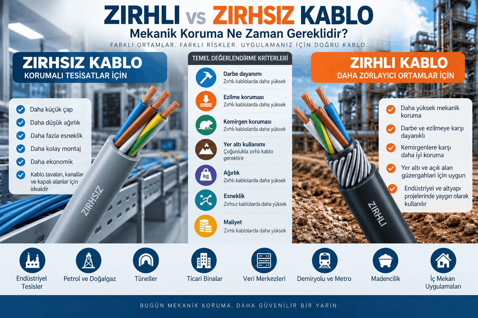 Zırhlı ve zırhsız kablo farkı: mekanik koruma, ağırlık, esneklik ve kullanım alanlarının karşılaştırması