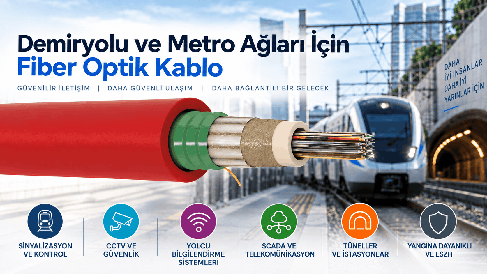 Demiryolu fiber optik kablo; metro tüneli, istasyon, hat kenarı, kanal, zırhlı, metalik olmayan ve yangına dayanıklı fiber çözümleri