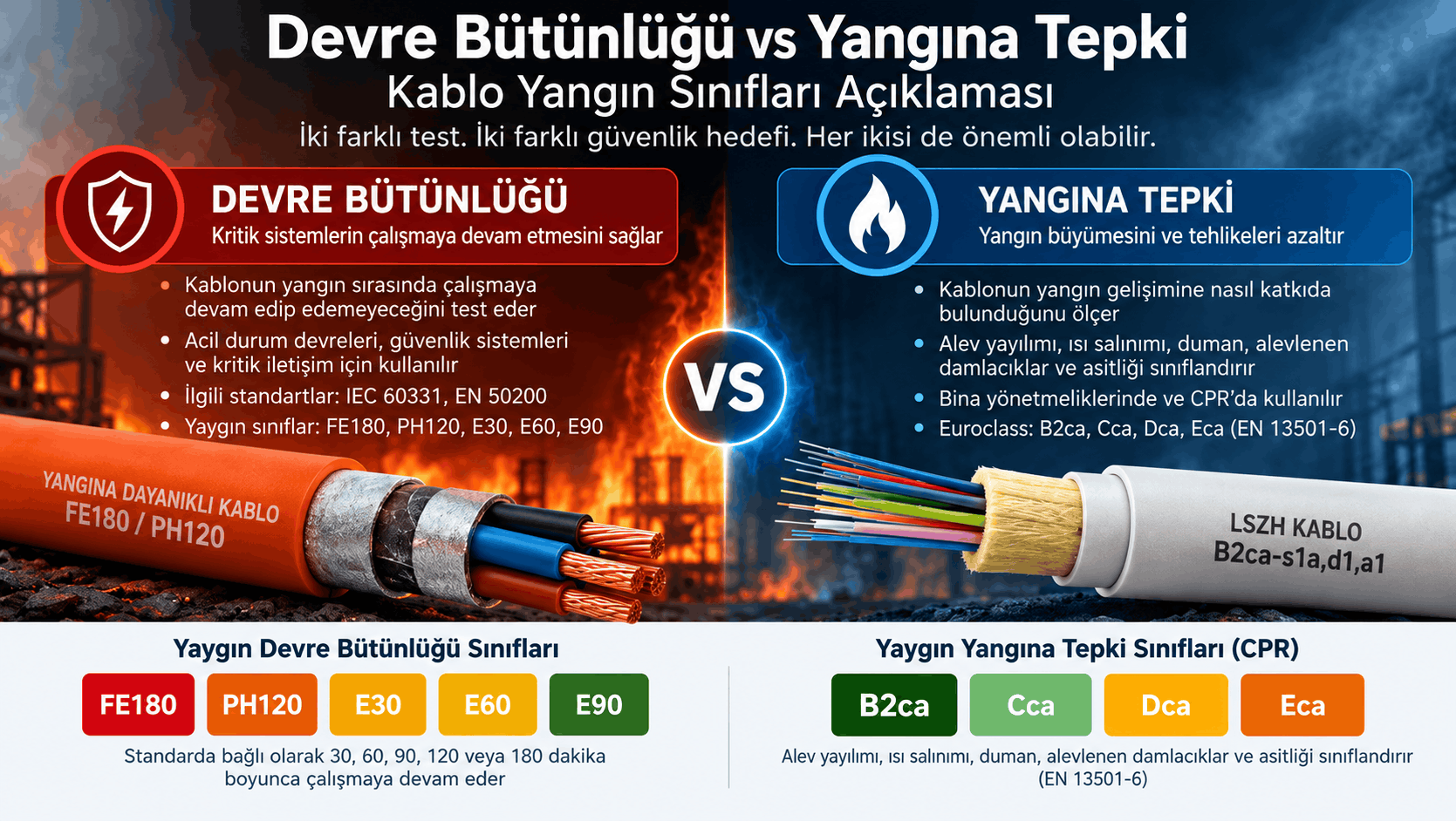 Devre bütünlüğü ve yangına tepki farkı; FE180, PH120, E30-E90 ile B2ca, Cca, Dca ve Eca kablo yangın sınıfları