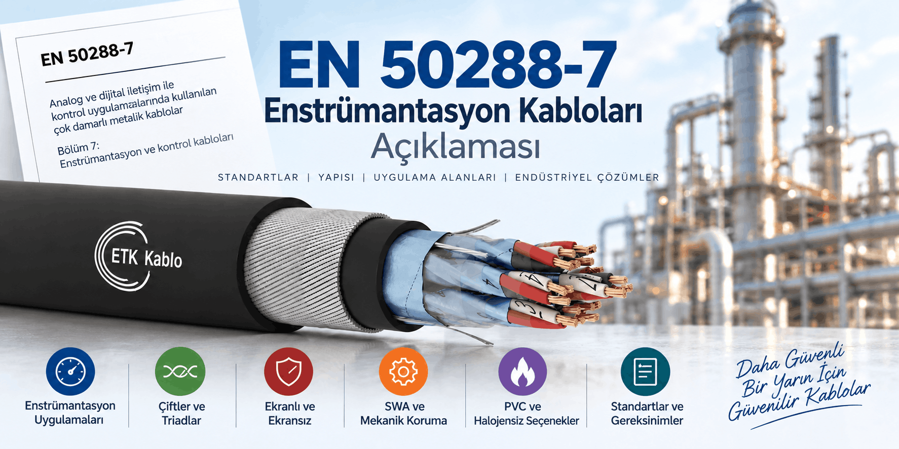 EN 50288-7 kablo yapısı; pair ve triad, genel ve bireysel ekran, PiMF TiMF, SWA zırh ve PVC veya LSZH seçenekleri