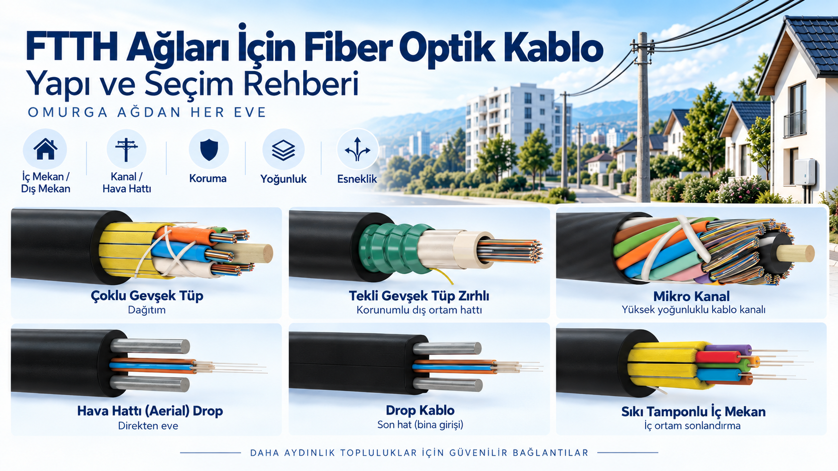 FTTH fiber optik kablo ağı; feeder, loose tube dağıtım, microduct, havai drop, bina içi ve abone drop kablo yapıları