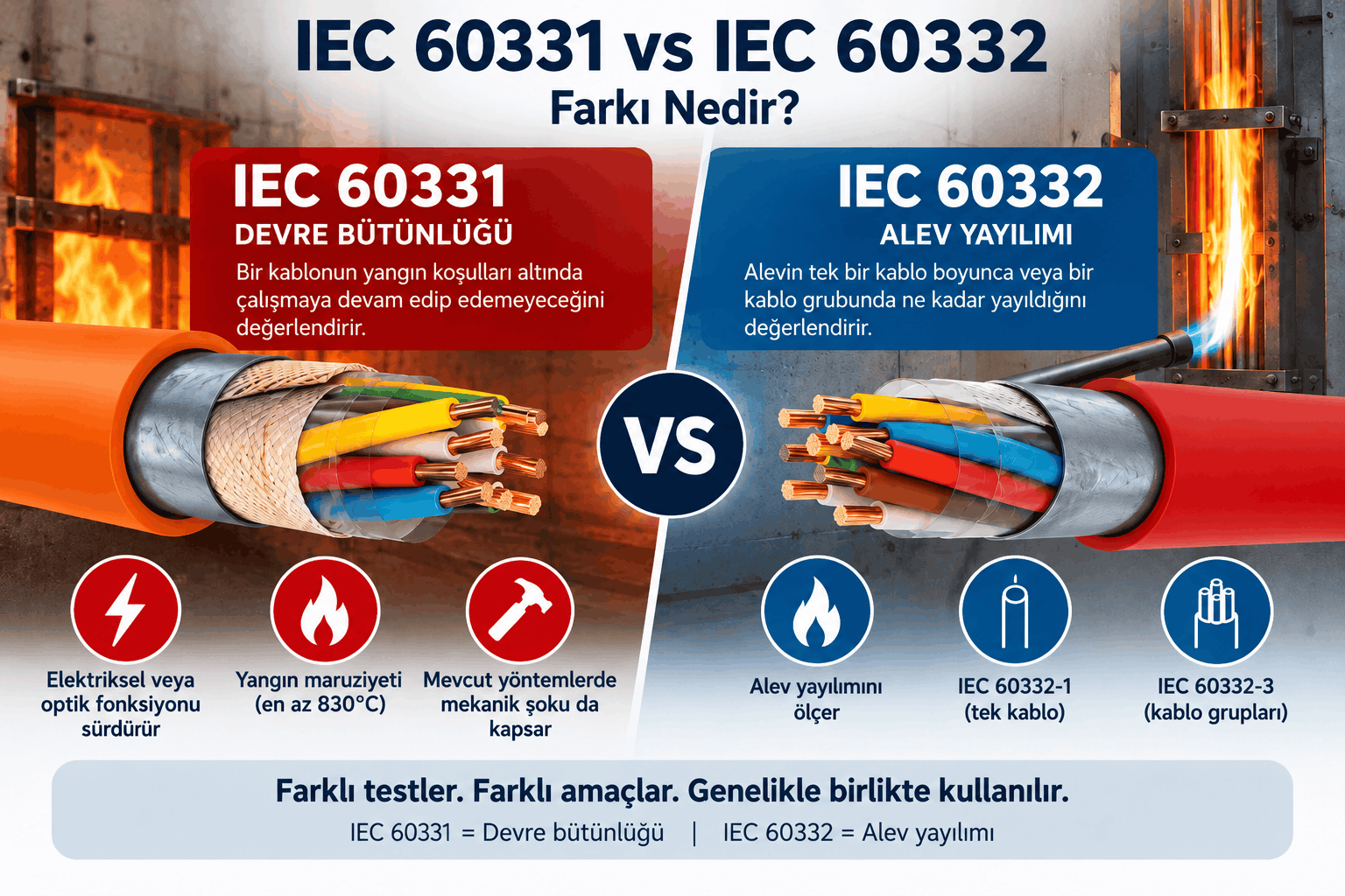 IEC 60331 ve IEC 60332 farkı; devre bütünlüğü, mekanik şok, tek kablo ve kablo demeti alev yayılımı testlerinin karşılaştırması