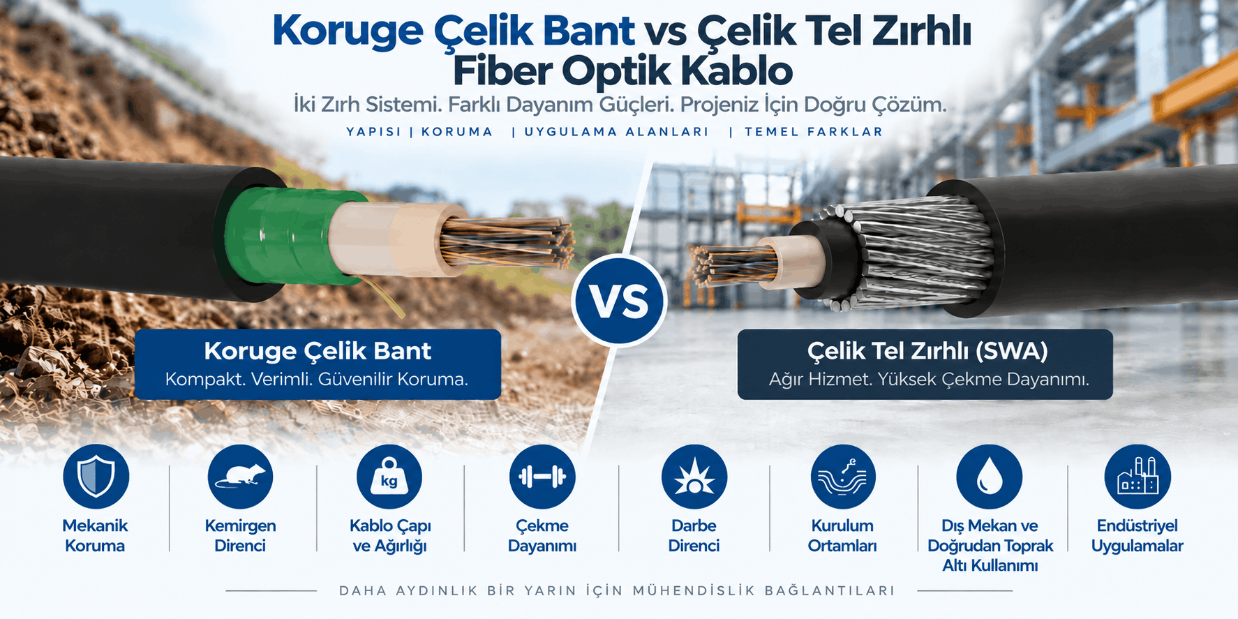 Koruge çelik bant SWA fiber optik kablo karşılaştırması; ezilme, çekme, kemirgen koruması, çap, ağırlık ve yeraltı kullanım farkları