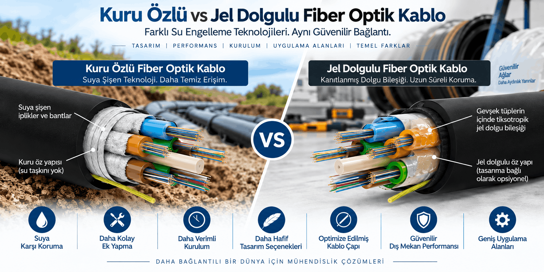 Kuru ve jel dolgulu fiber optik kablo farkı; su ile şişen ip ve bant, tüp dolgu jeli, su bloklama ve ek hazırlığı karşılaştırması