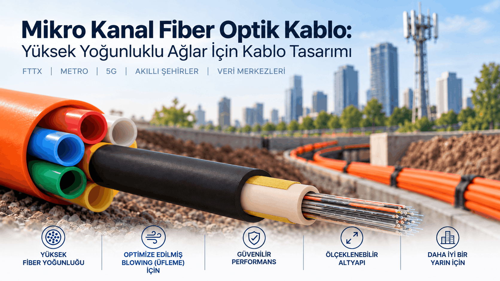 Microduct fiber optik kablo, hava üflemeli montaj, central loose tube, multi loose tube ve yüksek fiber yoğunluklu mikrokanal sistemi