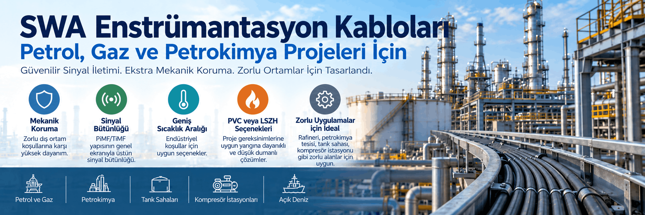 SWA enstrümantasyon kablosu yapısı, çelik tel zırh, ekranlama, PiMF TiMF ve petrol gaz projelerindeki kullanım alanları