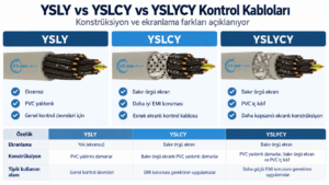 YSLY YSLCY YSLYCY farkı; ekransız YSLY, bakır örgü ekranlı YSLCY ve PVC iç kılıflı ekranlı YSLYCY karşılaştırması