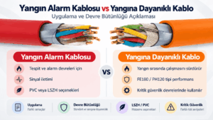 Yangın alarm kablosu farkı; J-Y(St)Y ve J-H(St)H standart alarm kabloları ile FE180 PH120 yangına dayanıklı JE-H(St)H kablo karşılaştırması